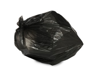 Photo of Black trash bag filled with garbage isolated on white