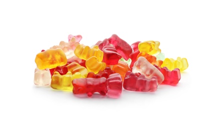 Photo of Pile of delicious jelly bears on white background