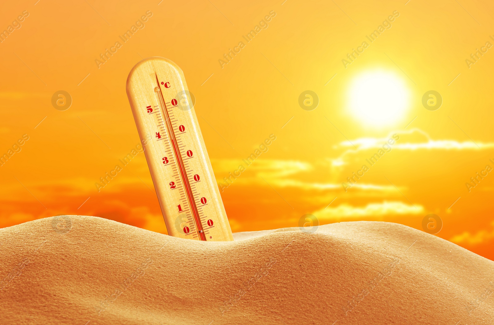 Image of Weather thermometer with high temperature outdoors on hot sunny day. Heat stroke warning