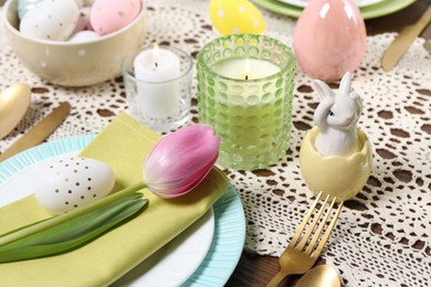 Festive table setting with beautiful tulip, closeup. Easter celebration