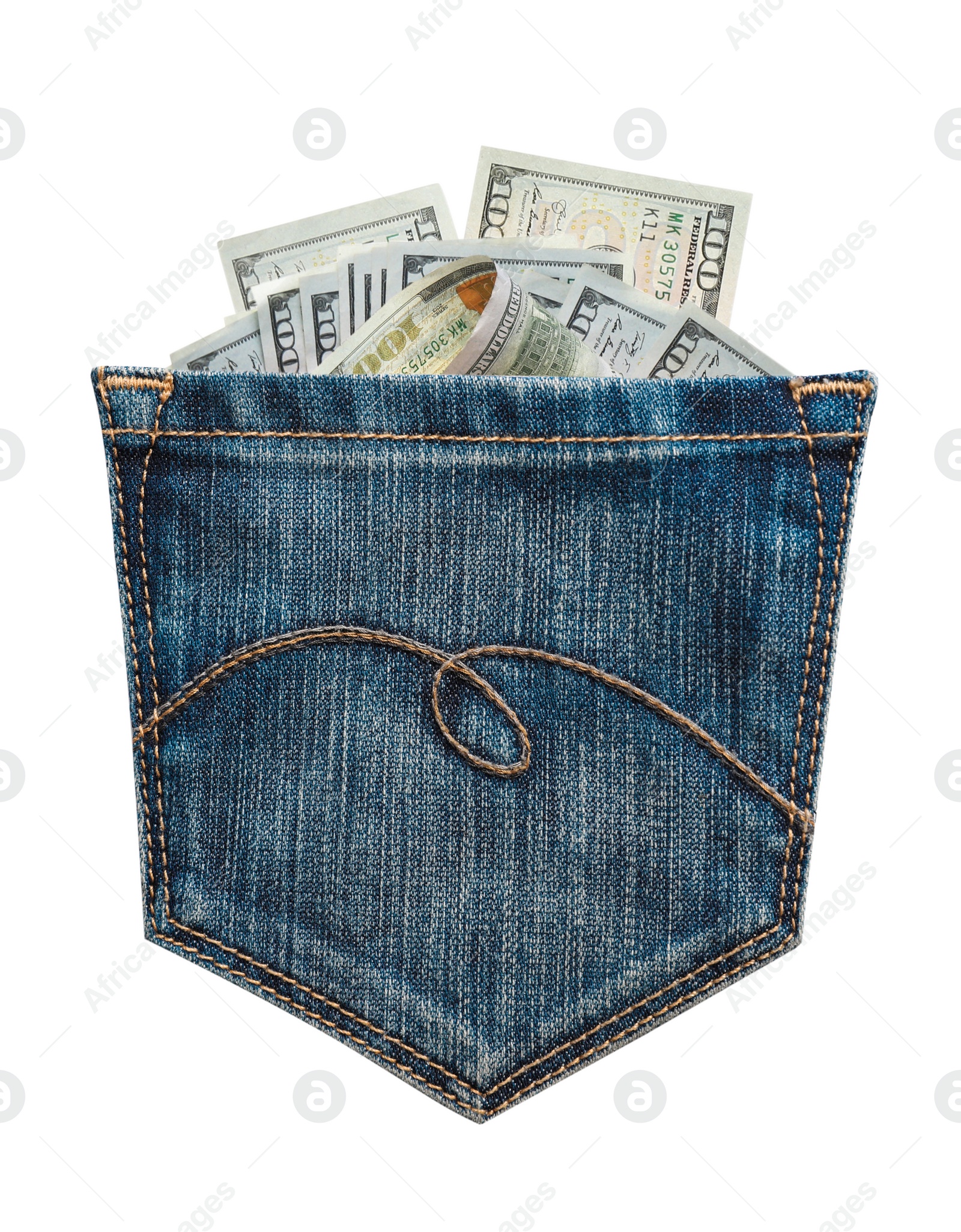 Image of Jeans pocket and dollar banknotes isolated on white. Spending money