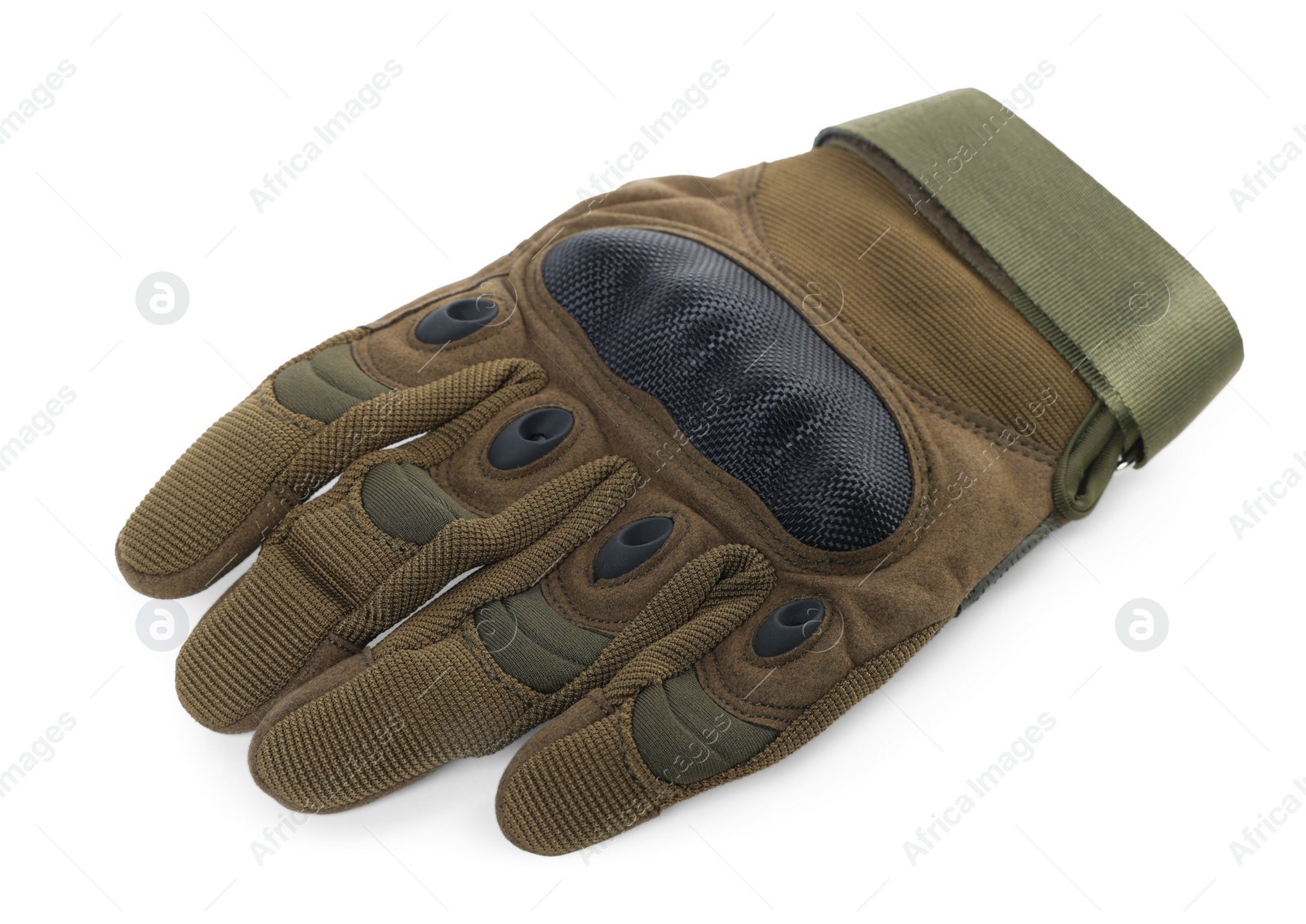 Photo of Tactical glove isolated on white. Military training equipment