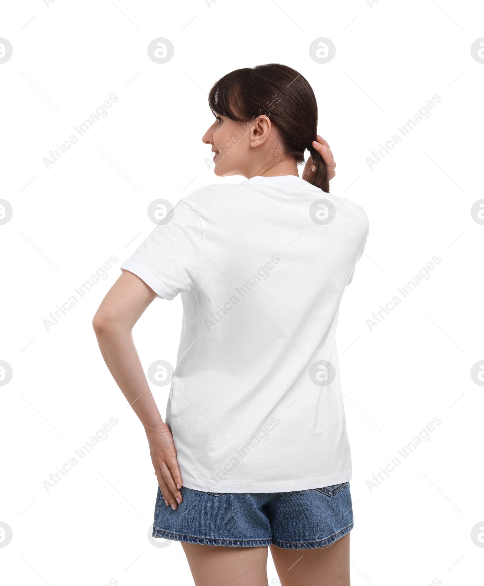 Photo of Woman in stylish t-shirt on white background, back view