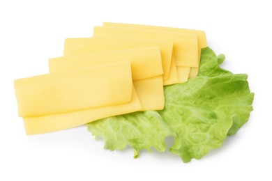 Slices of tasty fresh cheese and lettuce isolated on white, top view