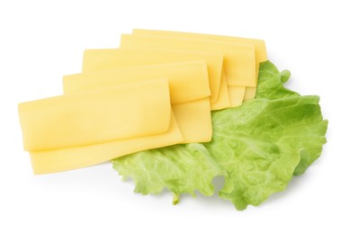 Photo of Slices of tasty fresh cheese and lettuce isolated on white, top view