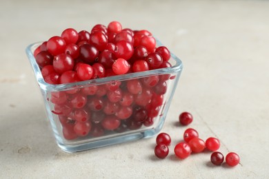 Photo of Cranberries in bowl on light grey table, closeup