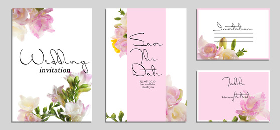 Image of Beautiful wedding invitations and cards with floral design on light background, top view
