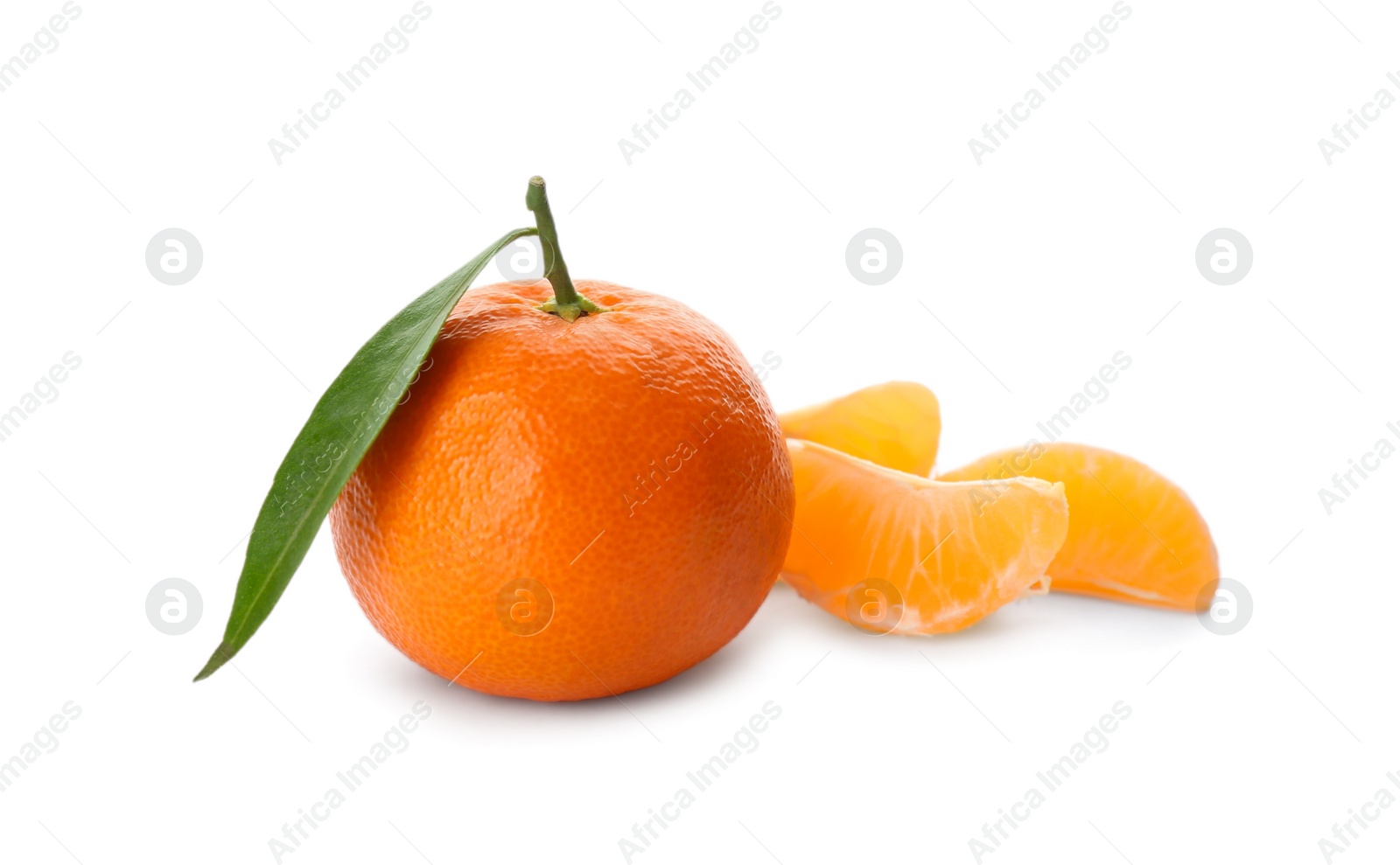 Photo of Fresh tangerines with green leaf on white background