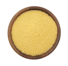 Photo of Bowl of raw couscous isolated on white, top view