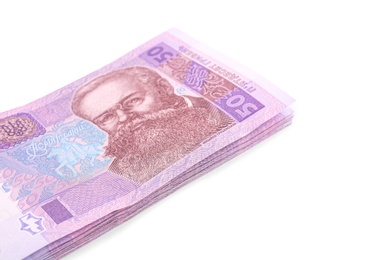 50 Ukrainian Hryvnia banknotes on white background