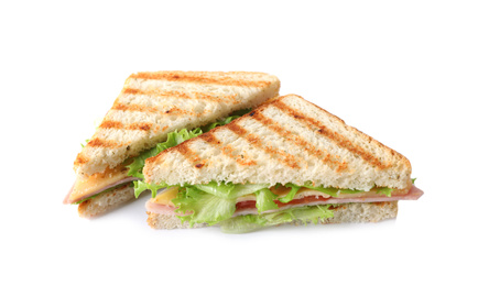 Photo of Tasty sandwich with ham on white background