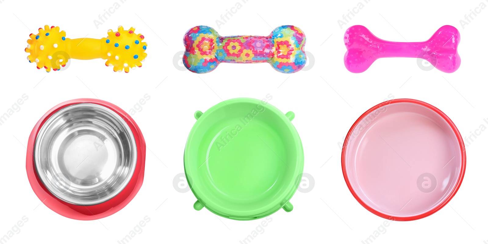 Image of Set with feeding bowls and different toys for pet on white background, top view. Banner design