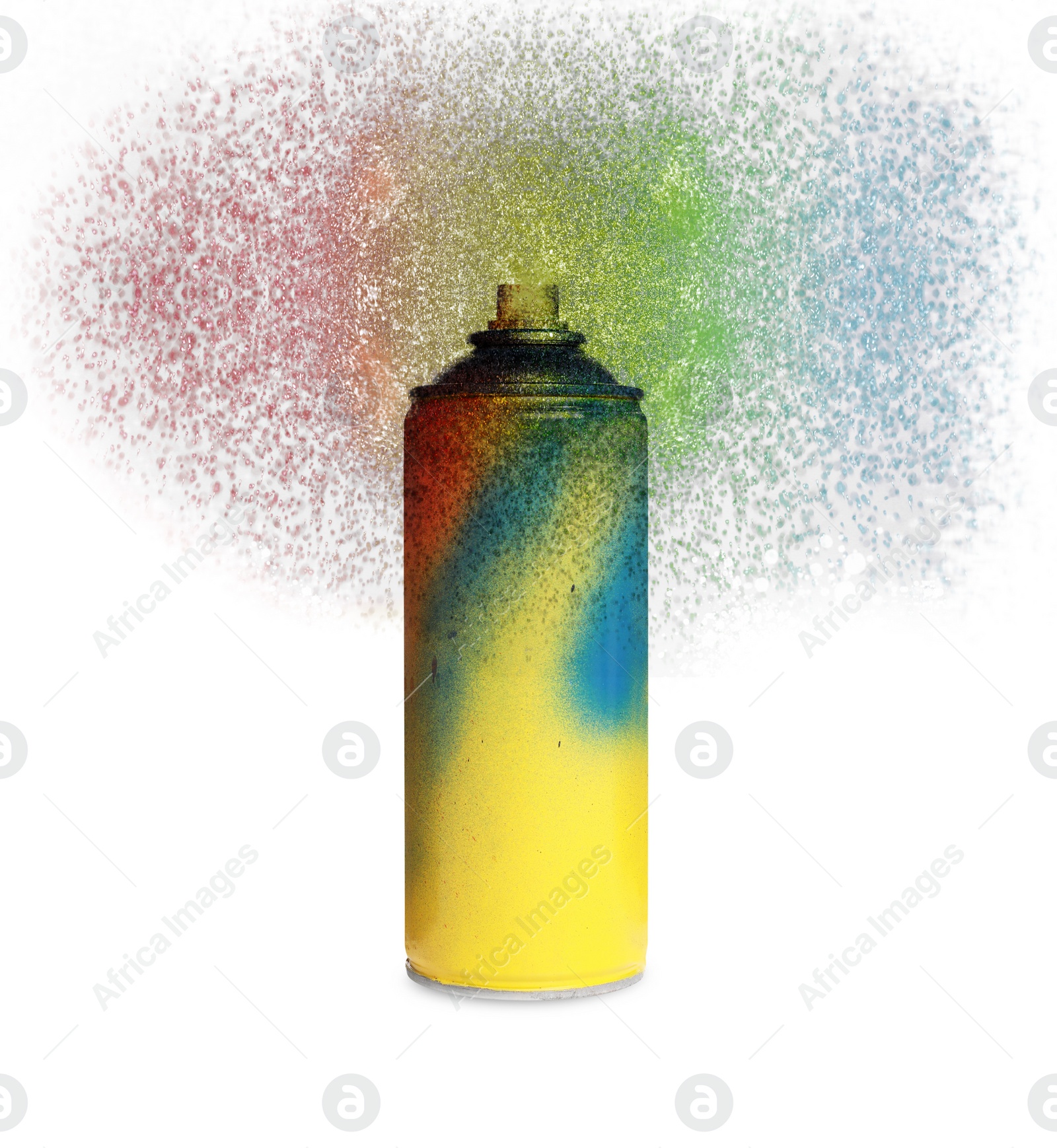 Image of Can of spray paint with splatters on white background