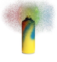 Image of Can of spray paint with splatters on white background