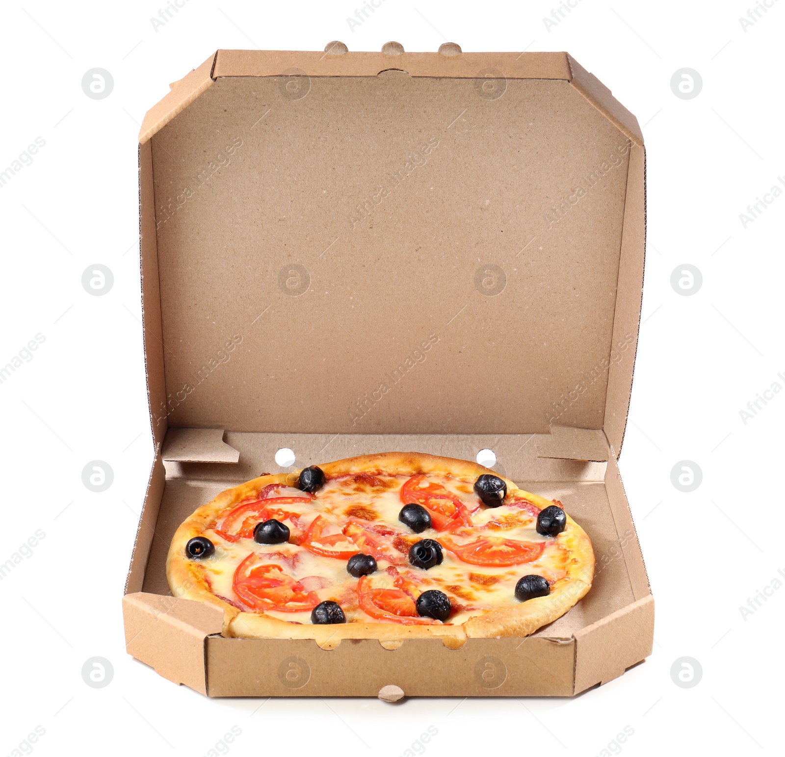 Photo of Open cardboard box with delicious pizza on white background. Food delivery