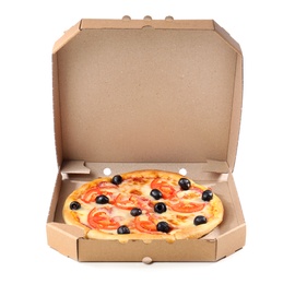 Open cardboard box with delicious pizza on white background. Food delivery