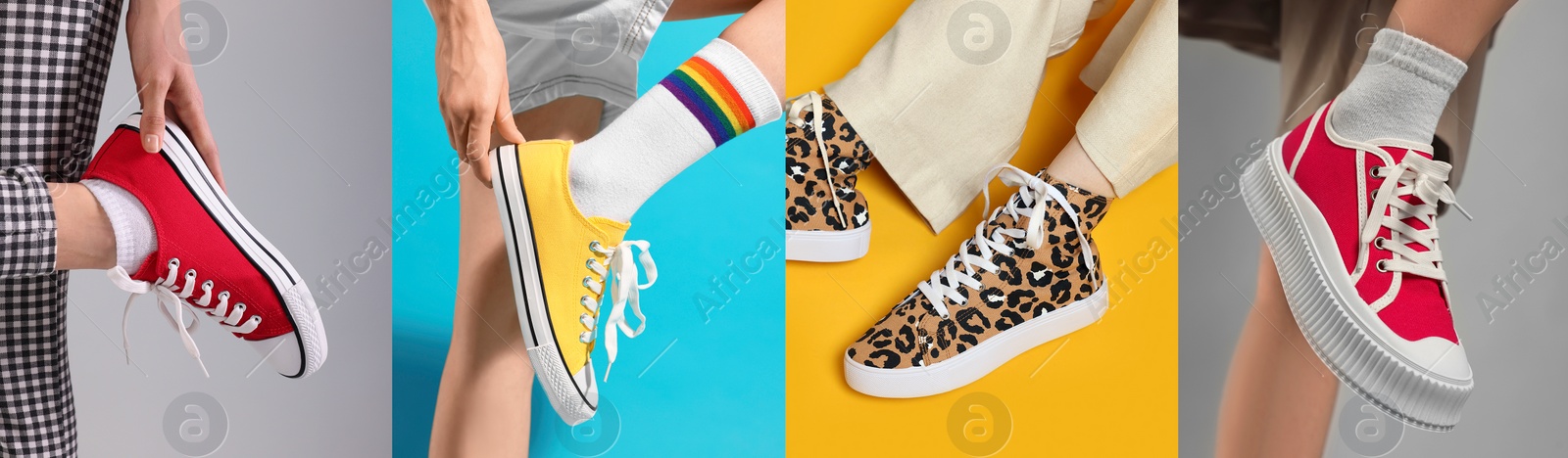 Image of Photos of women in stylish sneakers on different color backgrounds, collage design