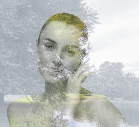 Image of Beautiful woman and picturesque landscape, double exposure
