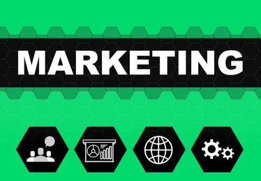 Digital marketing strategy. Different icons on green background