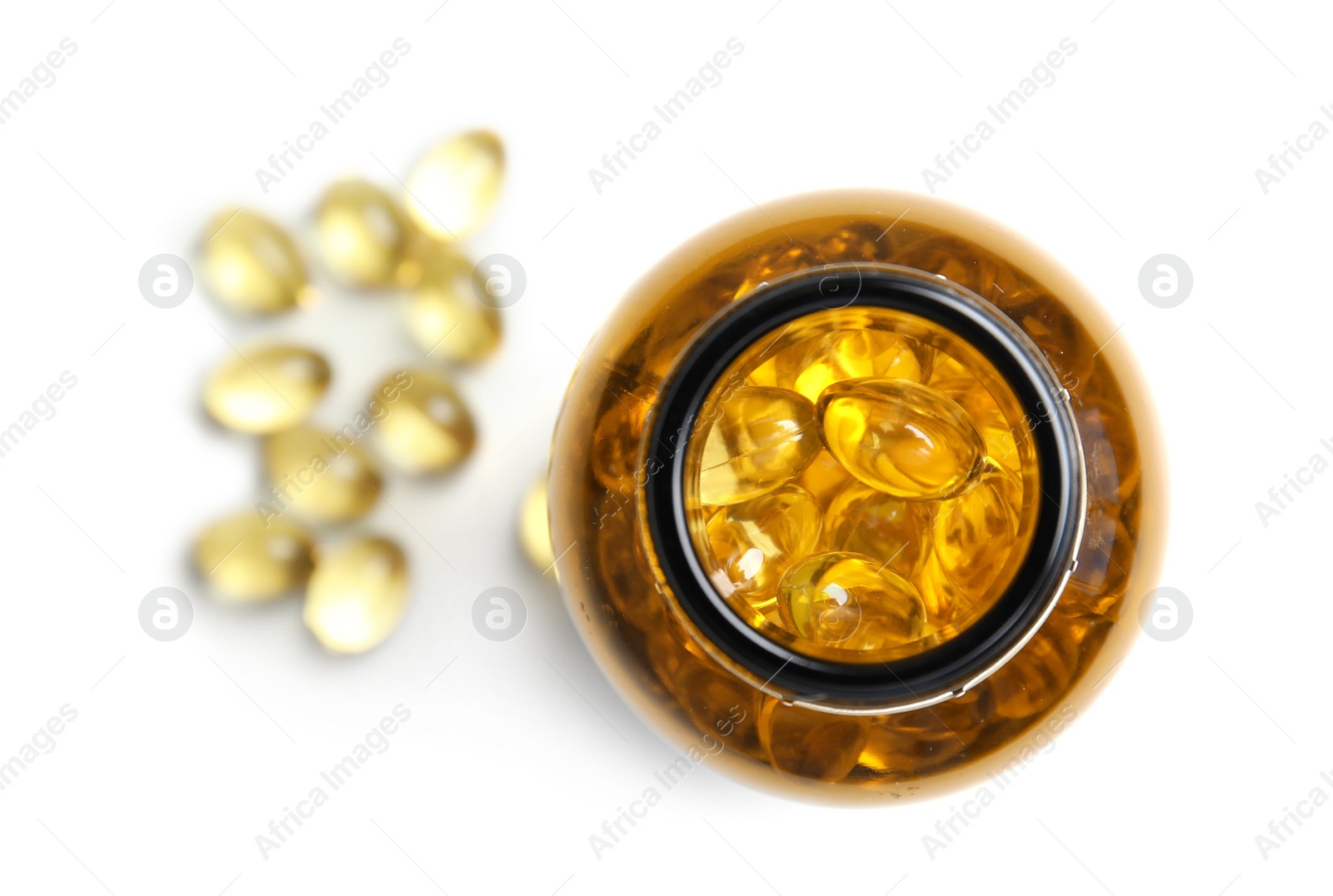 Photo of Bottle with fish oil pills on white background, top view
