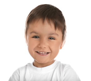 Photo of Portrait of happy little boy on white background