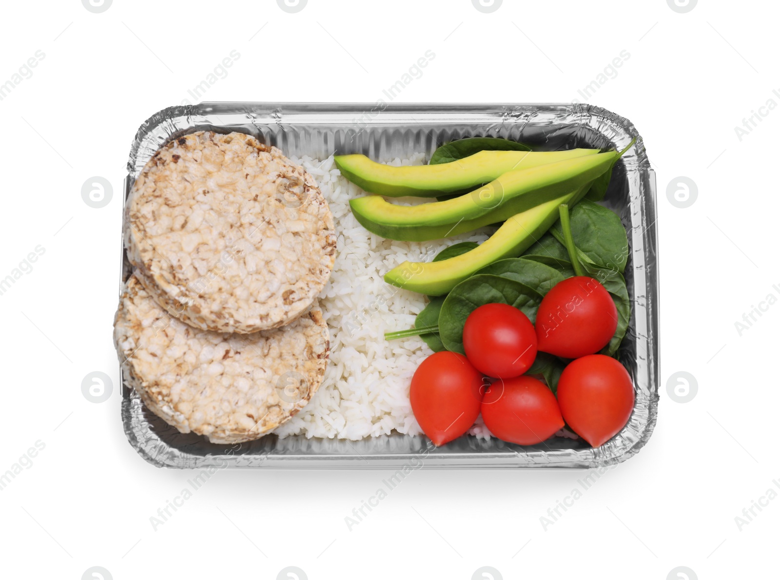 Photo of Container with rice, puffed cakes, fresh tomato, avocado and spinach isolated on white, top view