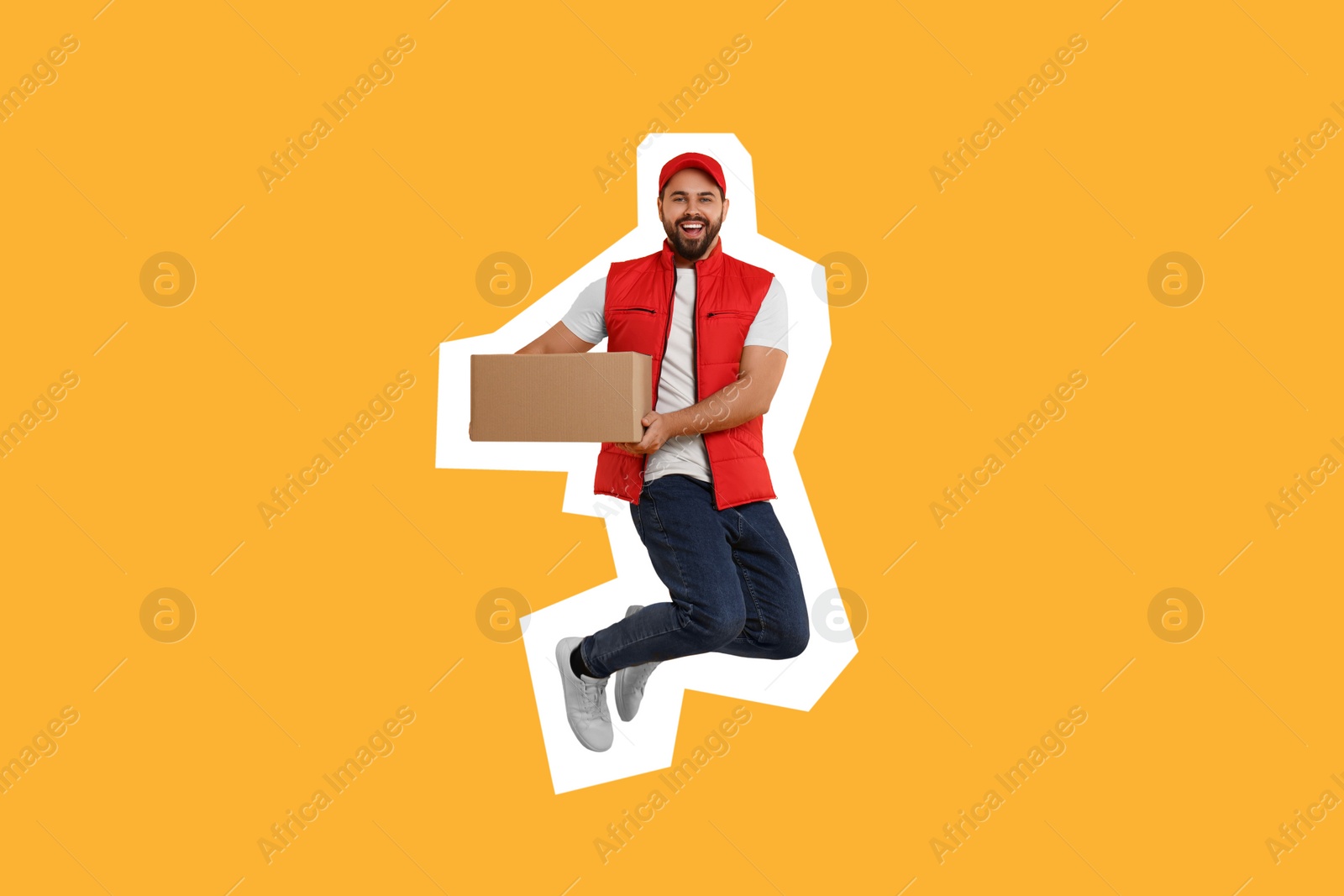 Image of Happy courier with parcel jumping on orange background