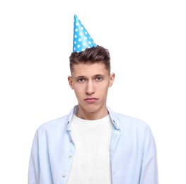 Photo of Sad young man in party hat on white background