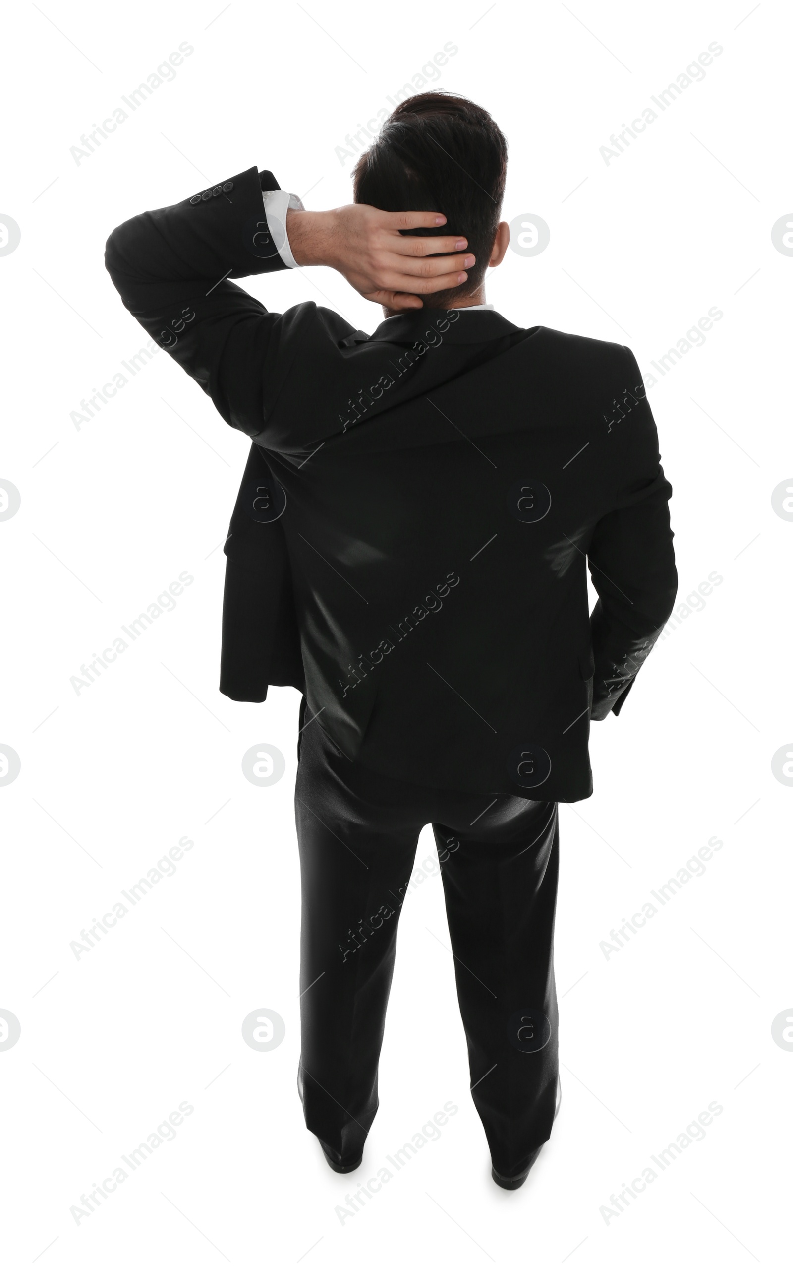 Photo of Businessman in formal suit on white background, back view