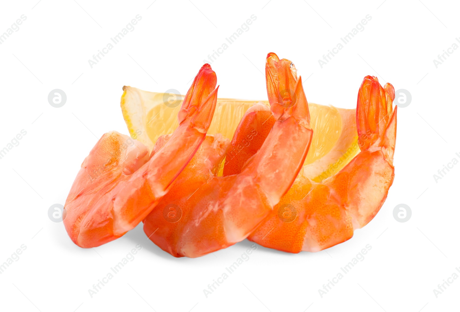 Photo of Delicious cooked shrimps and lemon isolated on white