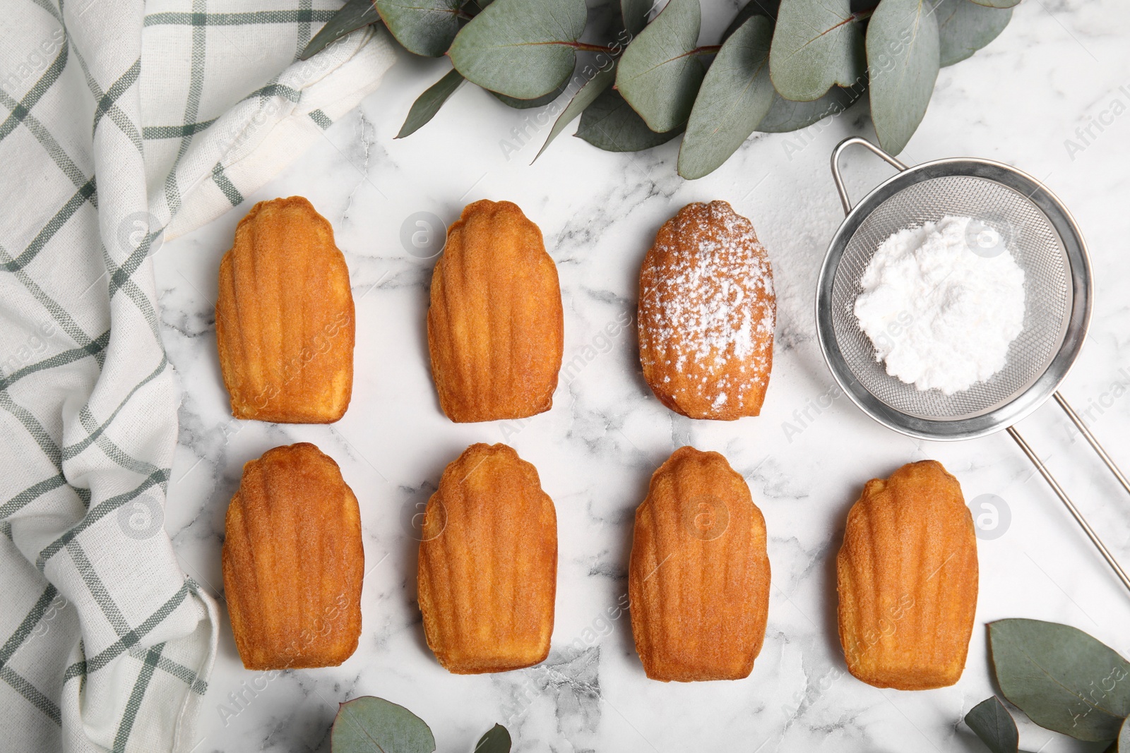 Photo of Delicious madeleine cakes and powdered sugar on white marble table, flat lay