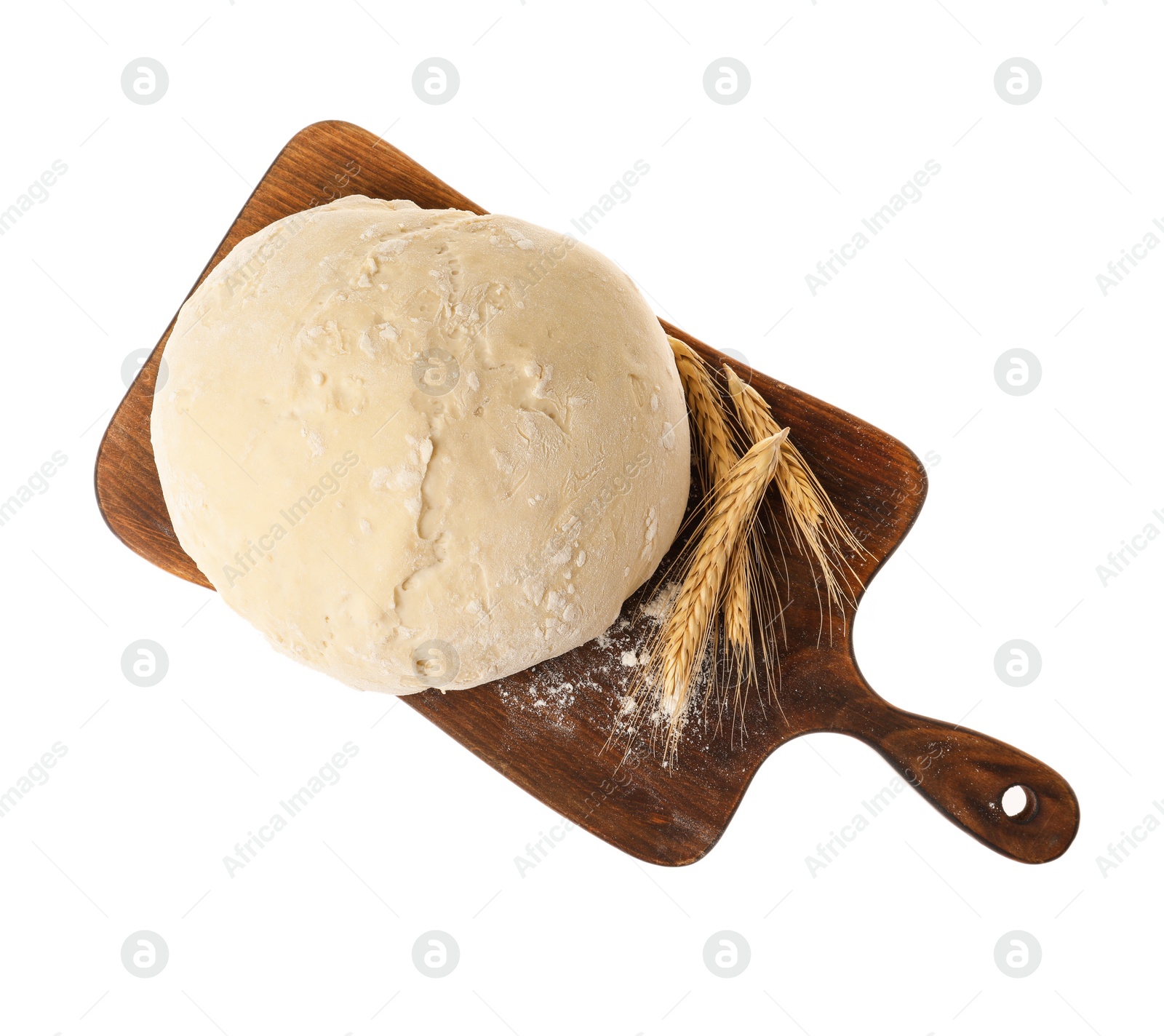 Photo of Wooden board with dough for pastries isolated on white, top view