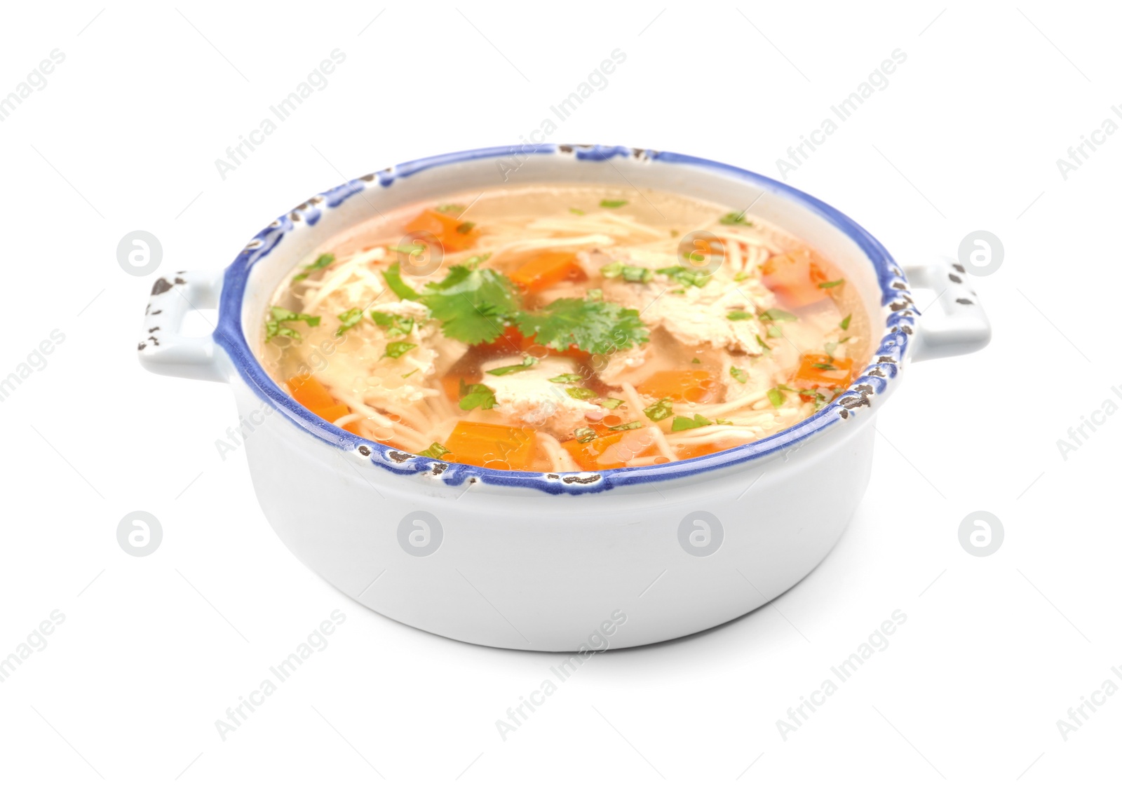 Photo of Dish with fresh homemade chicken soup on white background