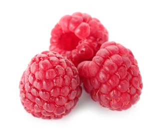 Photo of Delicious fresh ripe raspberries on white background