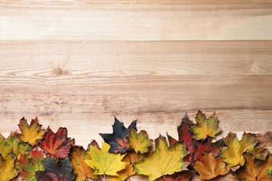 Photo of Dry autumn leaves of maple tree on wooden table, flat lay. Space for text
