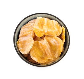 Sweet dried jackfruit slices in bowl on white background, top view