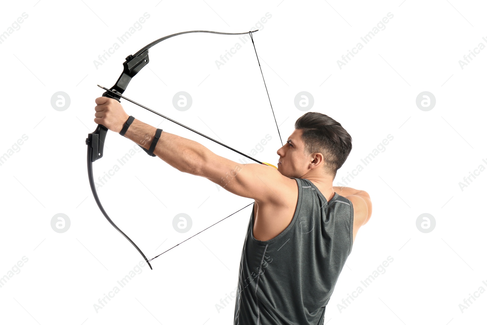 Photo of Man with bow and arrow practicing archery on white background