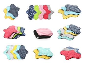 Set with different cloth menstrual pads on white background 