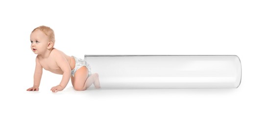 Image of Little baby and test tube on white background, banner design. Reproductive medicine