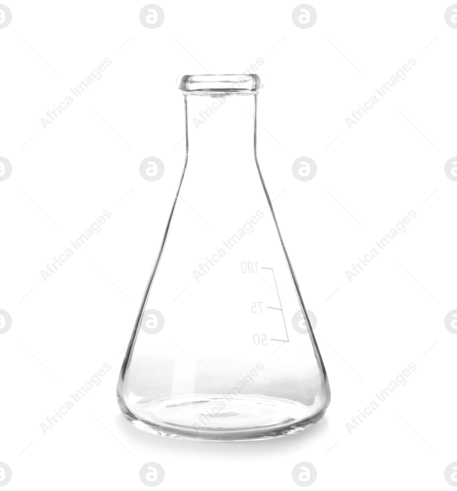 Photo of Empty flask on white background. Laboratory analysis equipment