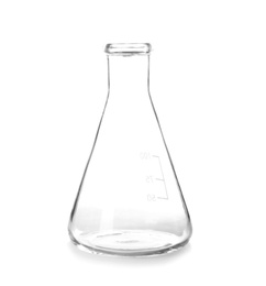 Photo of Empty flask on white background. Laboratory analysis equipment