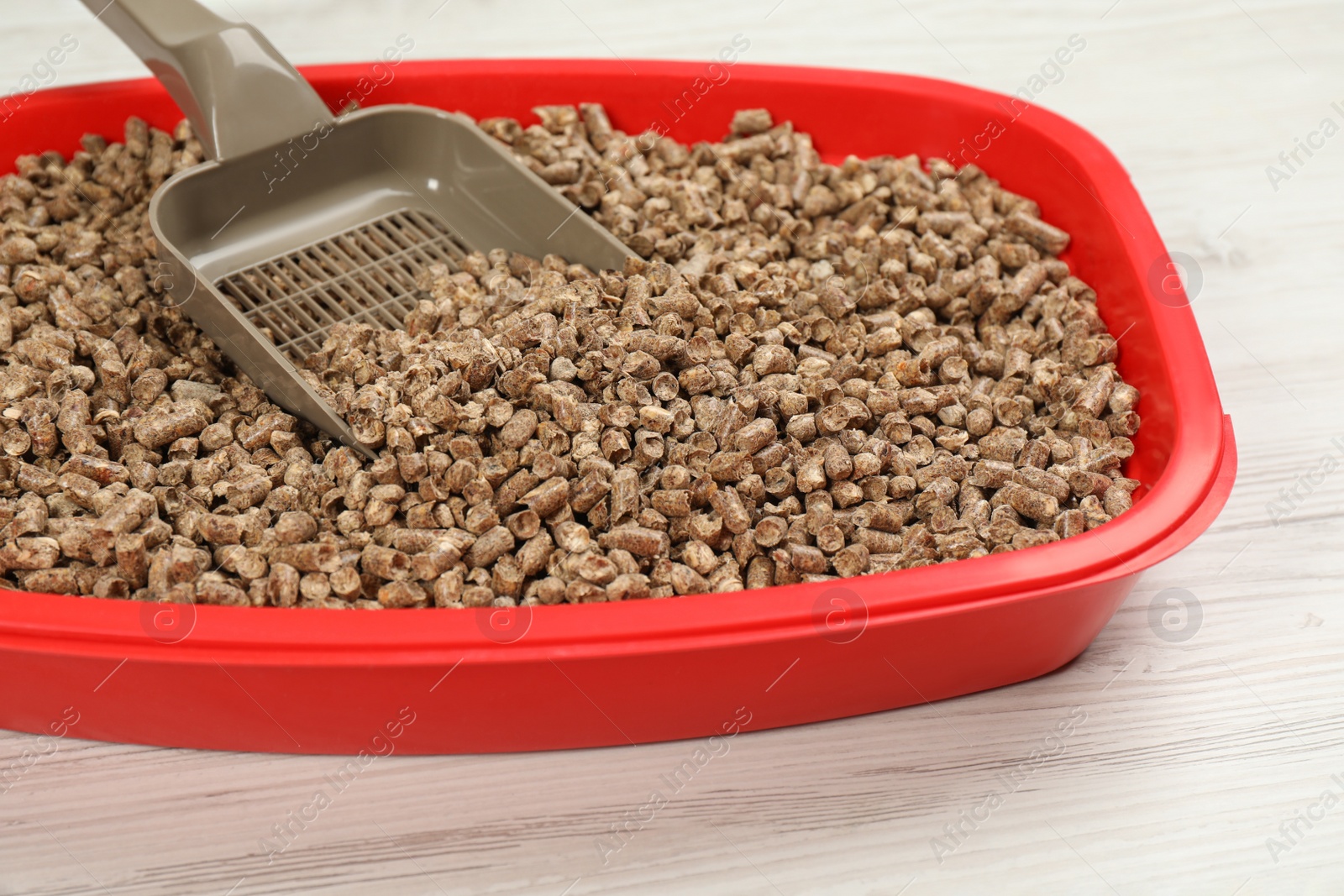 Photo of Cat litter tray with filler and scoop on white wooden floor, closeup
