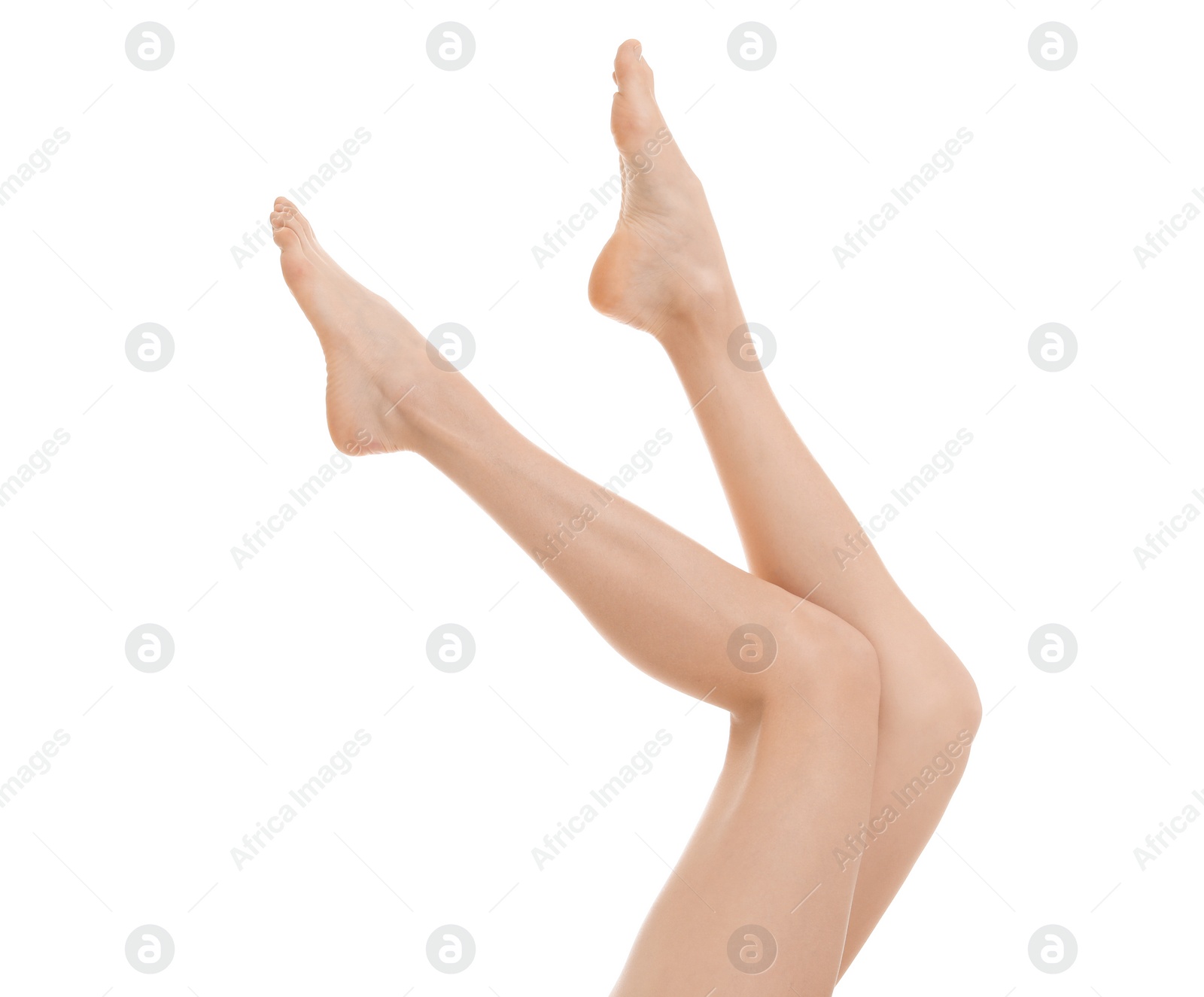 Photo of Young woman showing smooth silky skin after epilation on white background