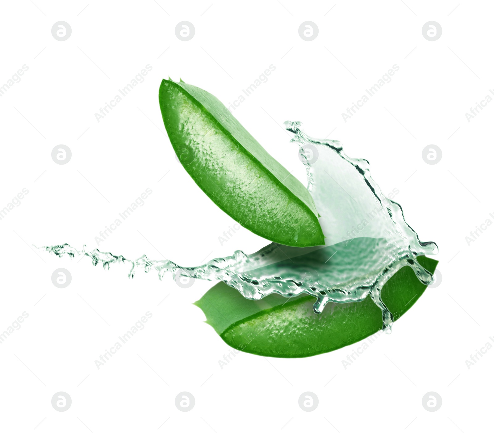 Image of Sliced aloe vera leaf and splash of juice on white background