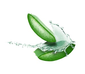 Image of Sliced aloe vera leaf and splash of juice on white background