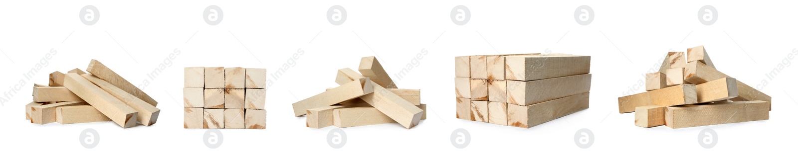 Image of Set of cut firewood on white background. Banner design