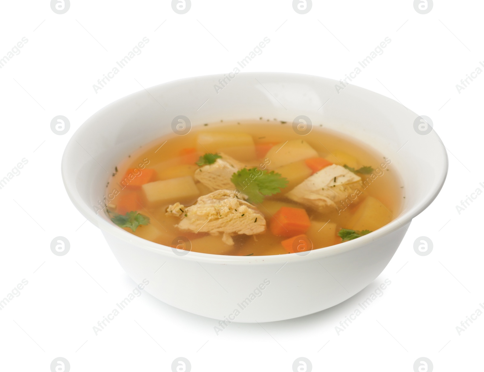 Photo of Dish with fresh homemade chicken soup on white background