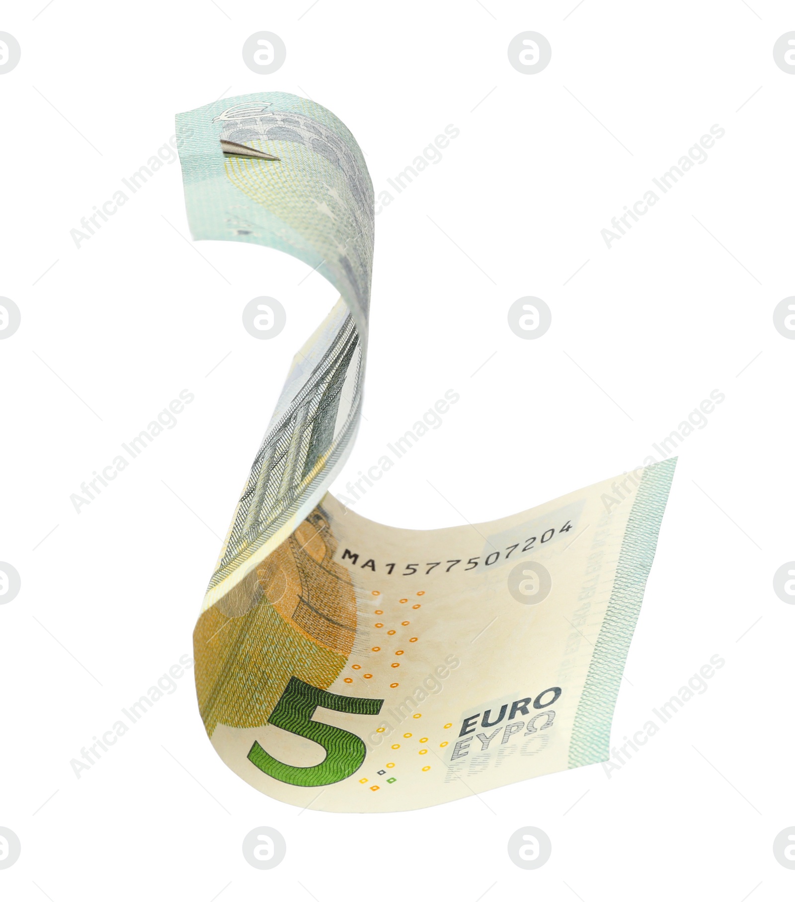 Photo of Flying five Euro banknote isolated on white