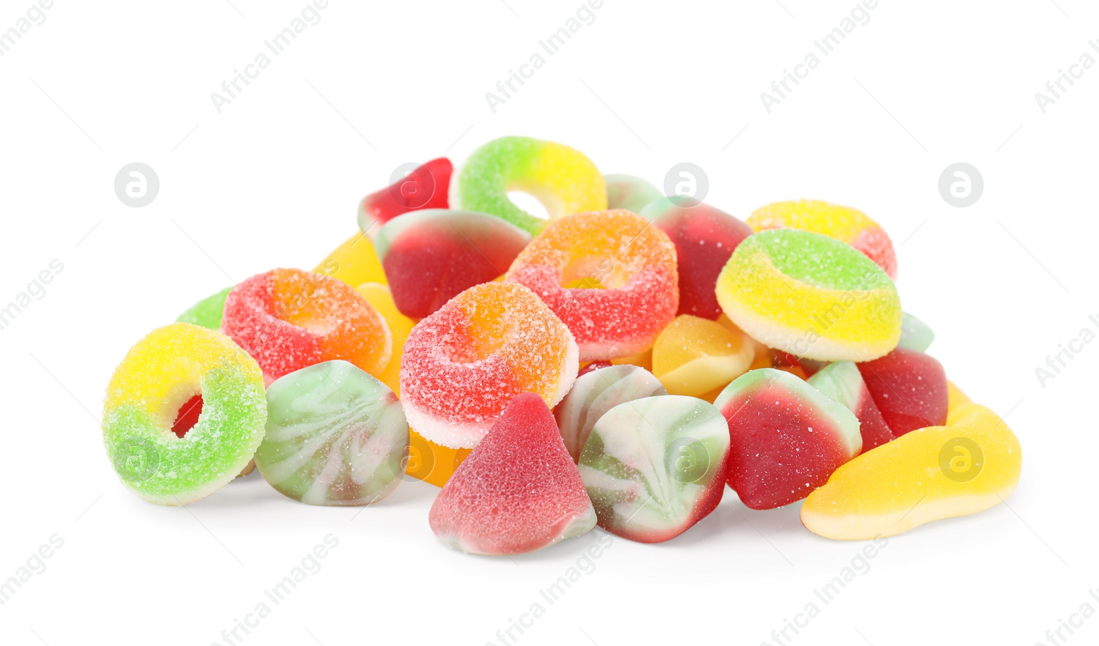 Photo of Pile of different jelly candies on white background