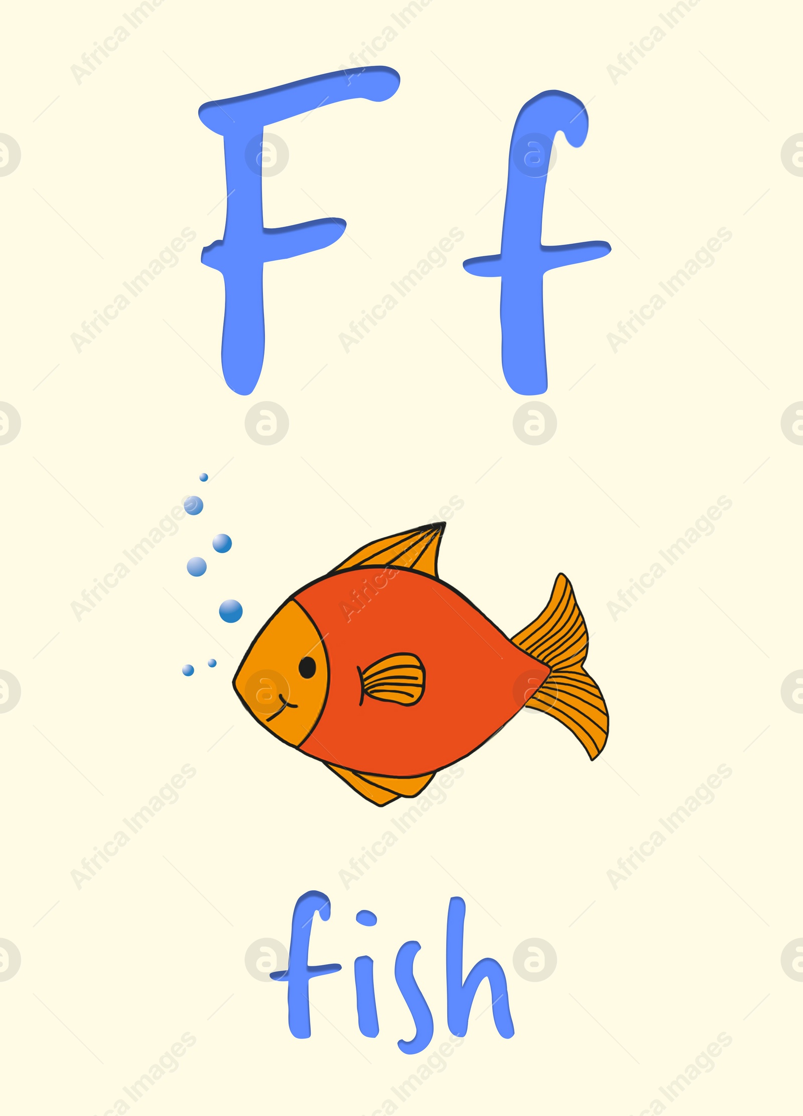 Illustration of Learning English alphabet. Card with letter F and fish, illustration